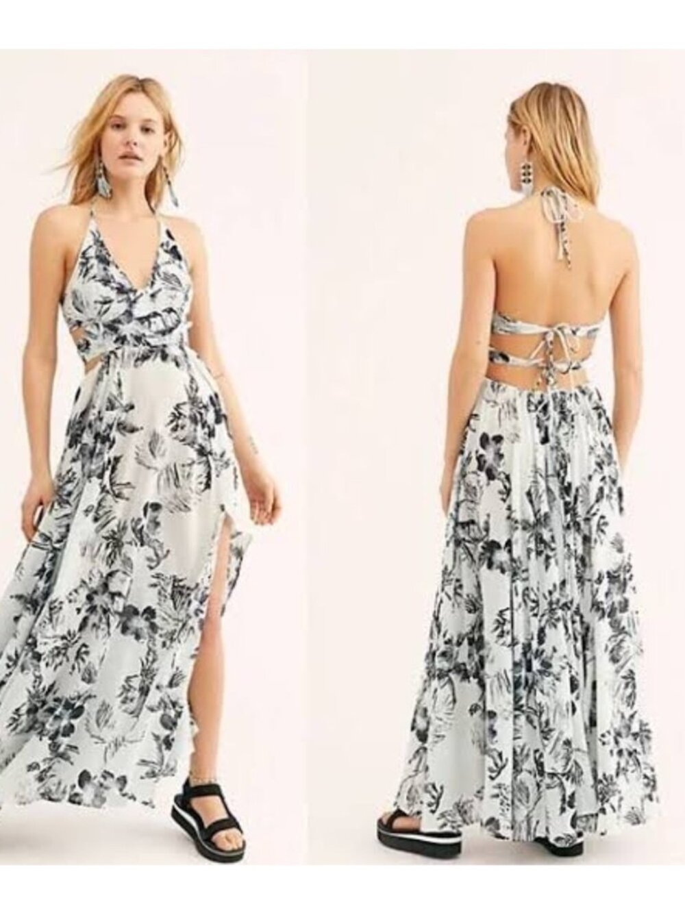 Free People Dress Womens XS White Black Floral Halter Maxi Cotton Summer